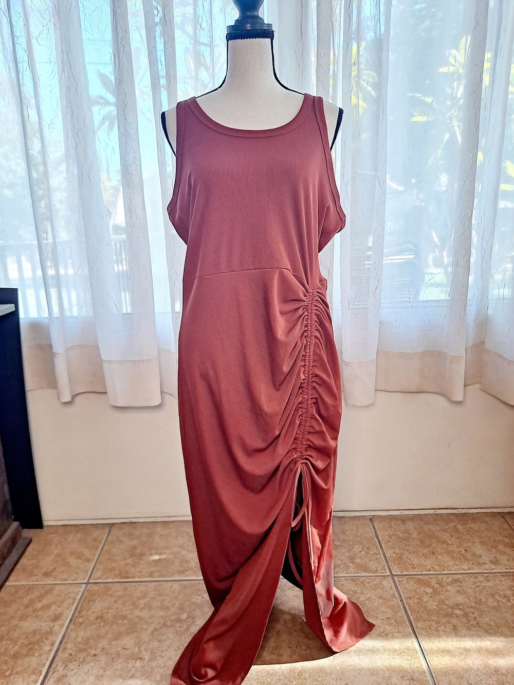 Sleeveless Ruched Maxi Dress in Rust
